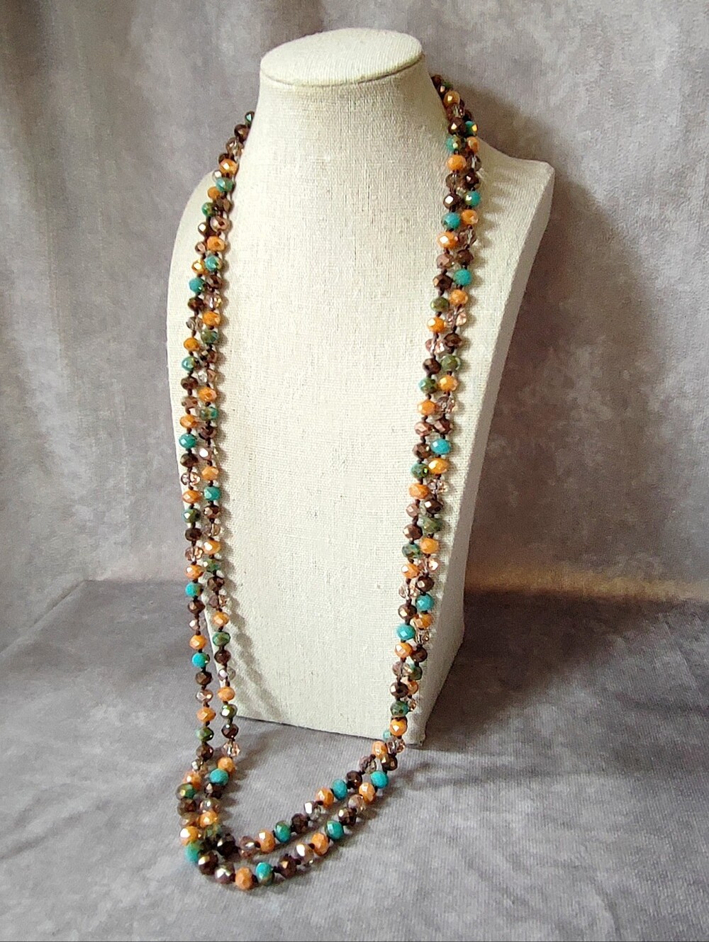 Long Glass Turquoise Brown Caramel Aurora Borealis Flash Coated Vintage Necklace